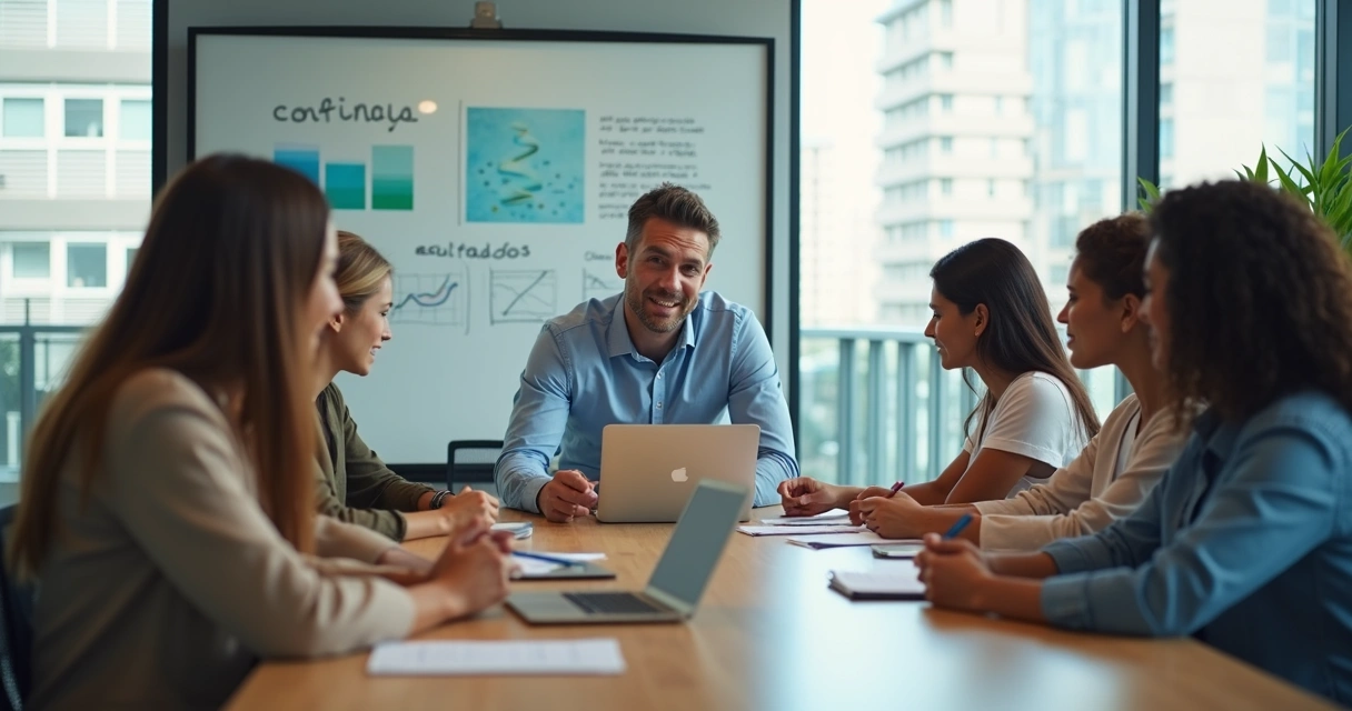 Líder escutando equipe em reunião colaborativa em escritório moderno 