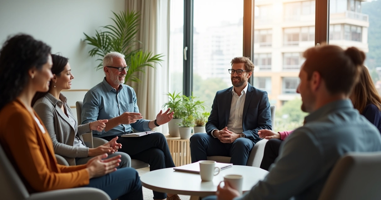 Líder ouvindo equipe em roda de conversa em escritório moderno 