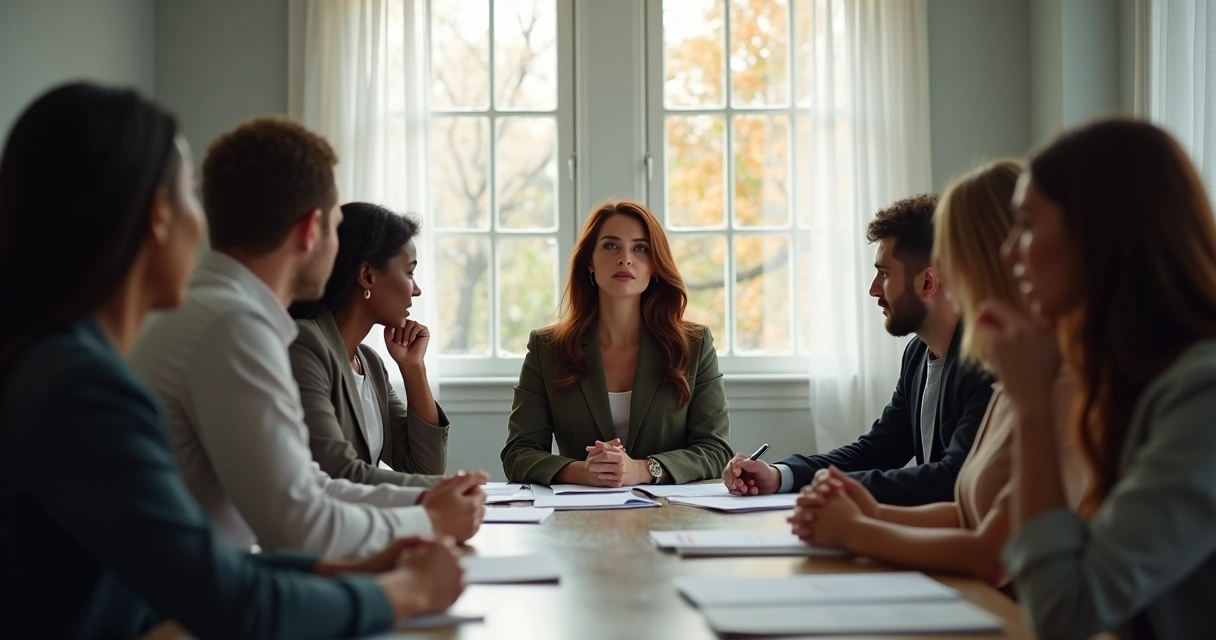 Reunião entre líder e equipe em ambiente tenso 