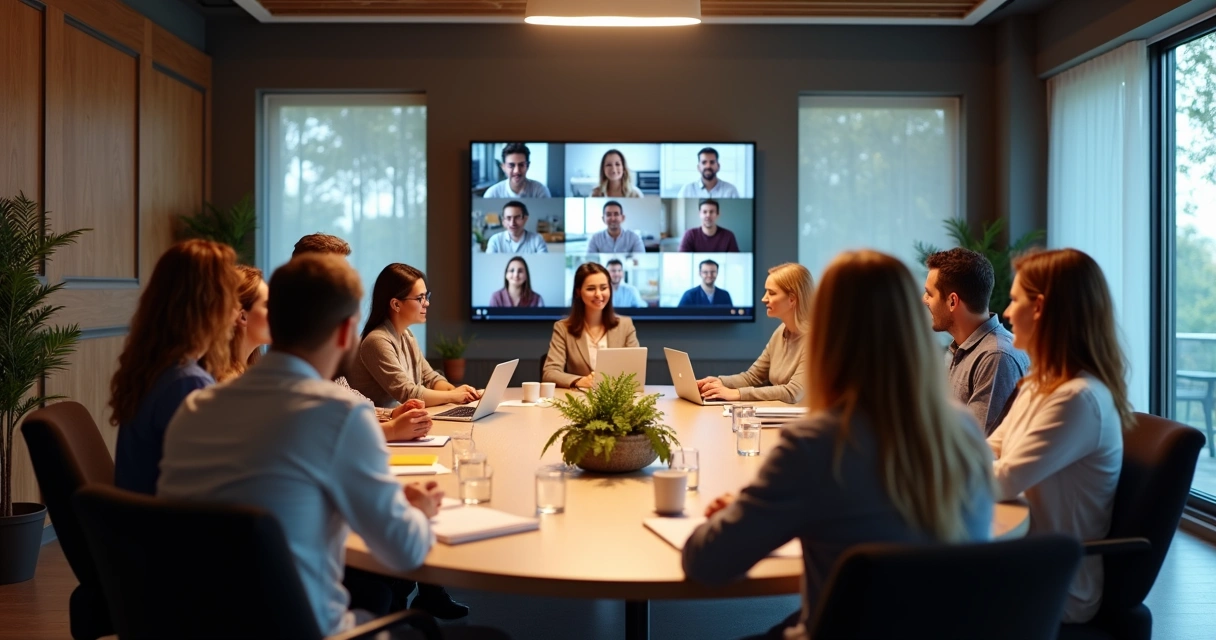 Reunião de equipe com pessoas na mesa e outras conectadas online