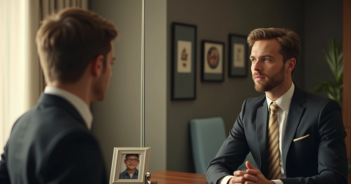 Executivo em roupa social, olhando para um espelho onde vê sua versão infantil, representando ligação entre liderança e crença familiar. 
