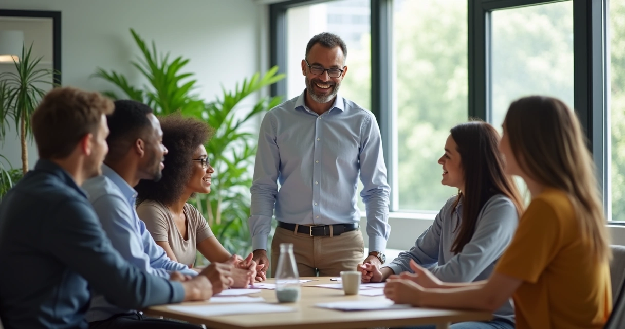 Líder fazendo reunião com equipe em ambiente de trabalho acolhedor 