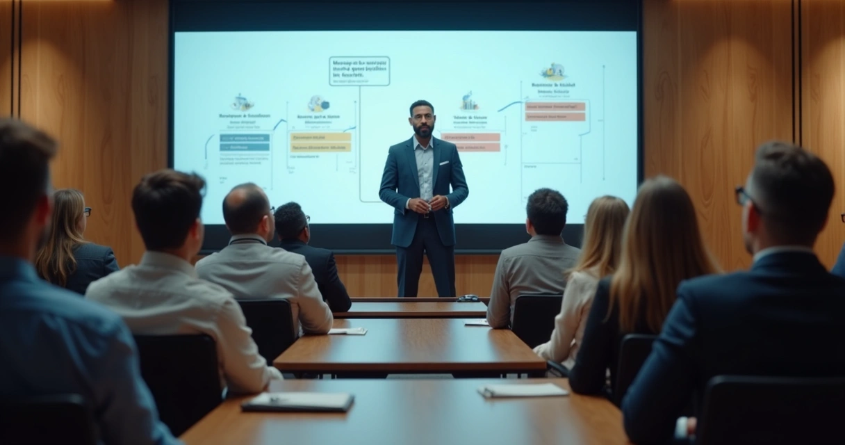 Liderança corporativa comunicando mudança para equipe atenta