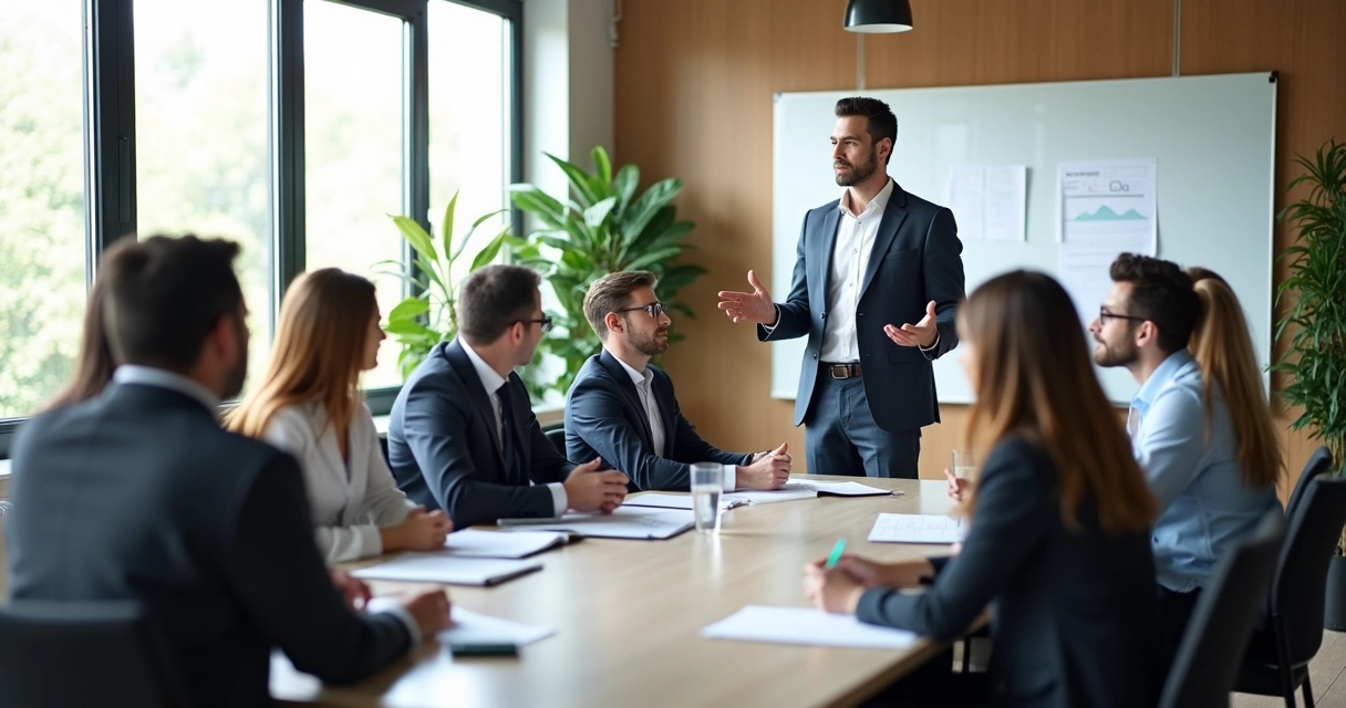 Pessoa em uma sala de reuniões falando para equipe atenta 