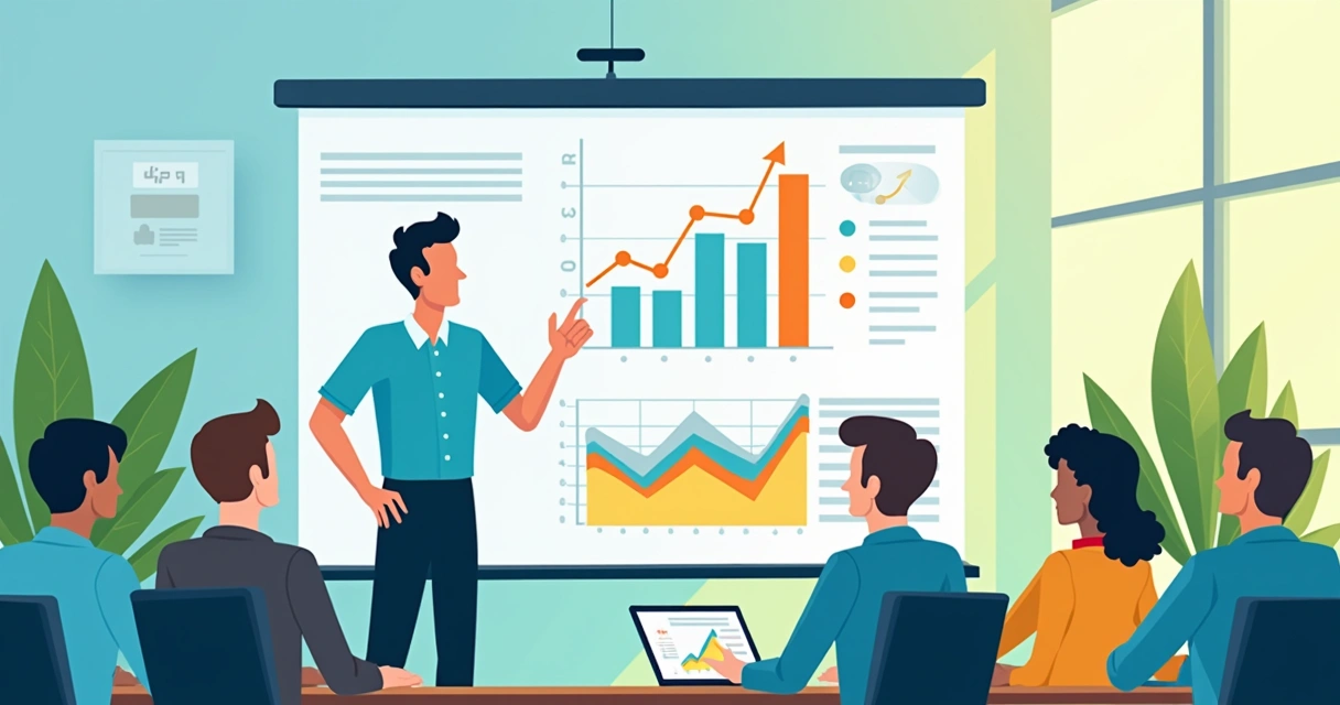 Liderança apresentando resultados de superação de crise para equipe 