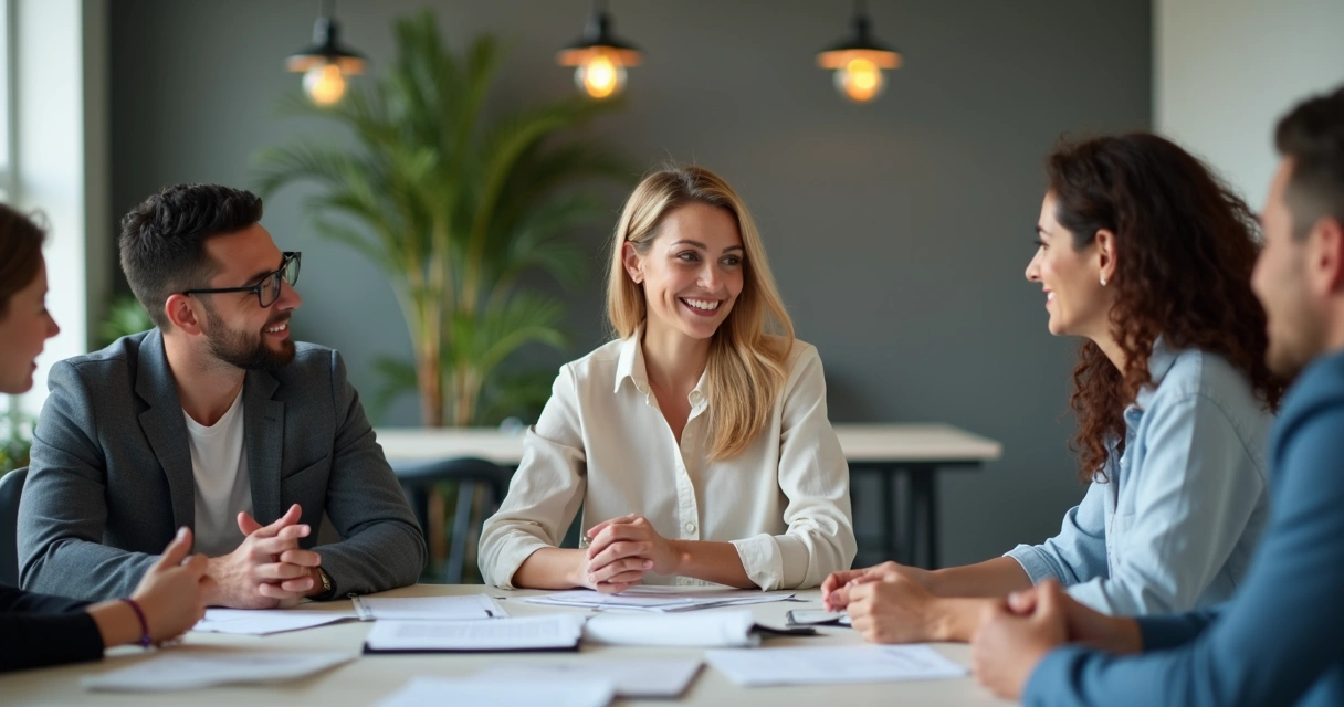 Equipe em reunião de trabalho, líder comunica-se com escuta ativa e expressões serenas 
