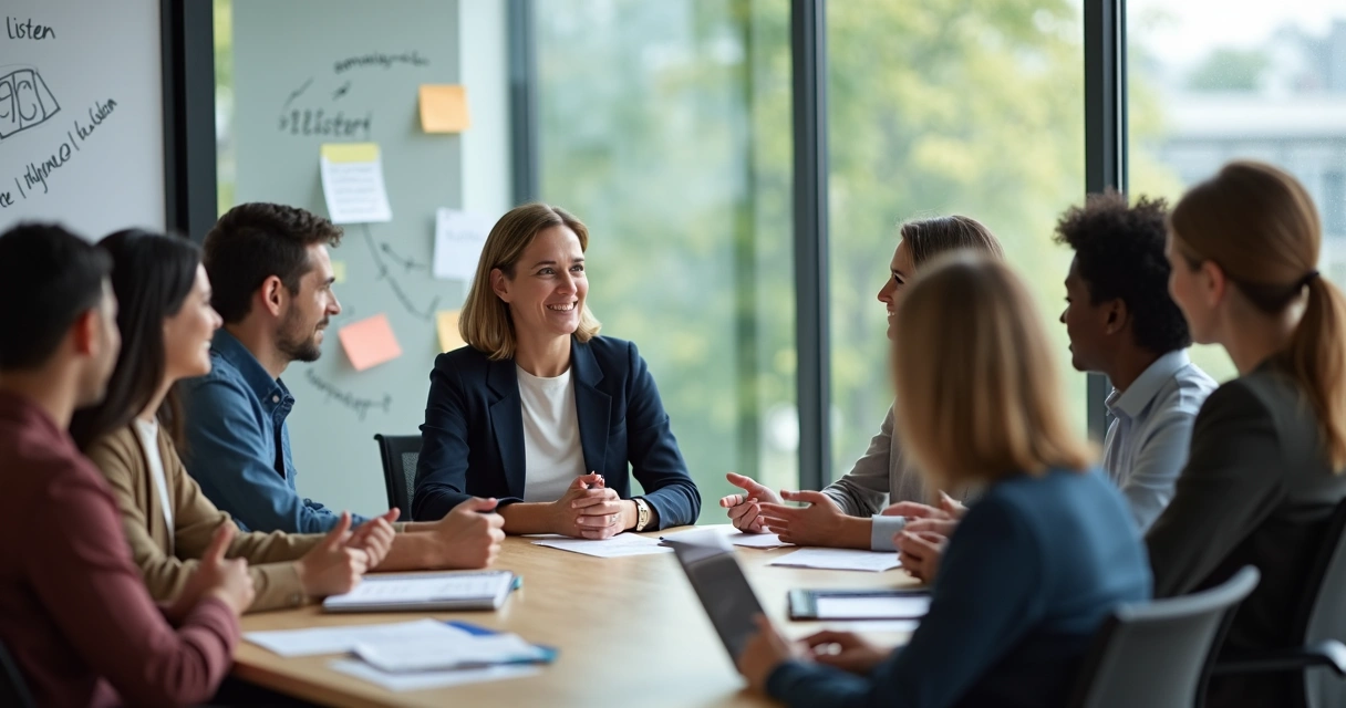 Líder conversando com equipe em roda de forma calma e colaborativa 