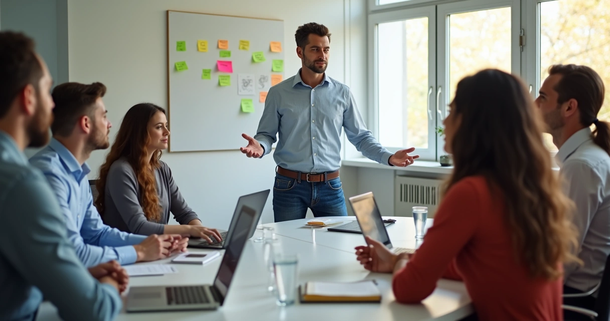 Líder em reunião com equipe em escritório moderno 