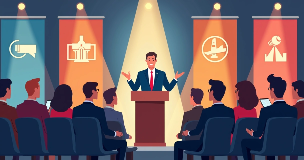 Líder político discursando para plateia atenta, fundo com banners institucionais