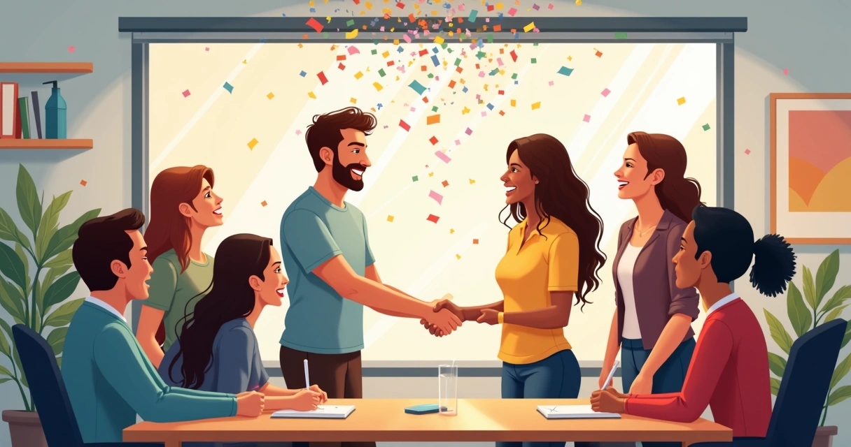 Liderança cumprimentando equipe após campanha eleitoral vitoriosa, clima de celebração e confiança. 