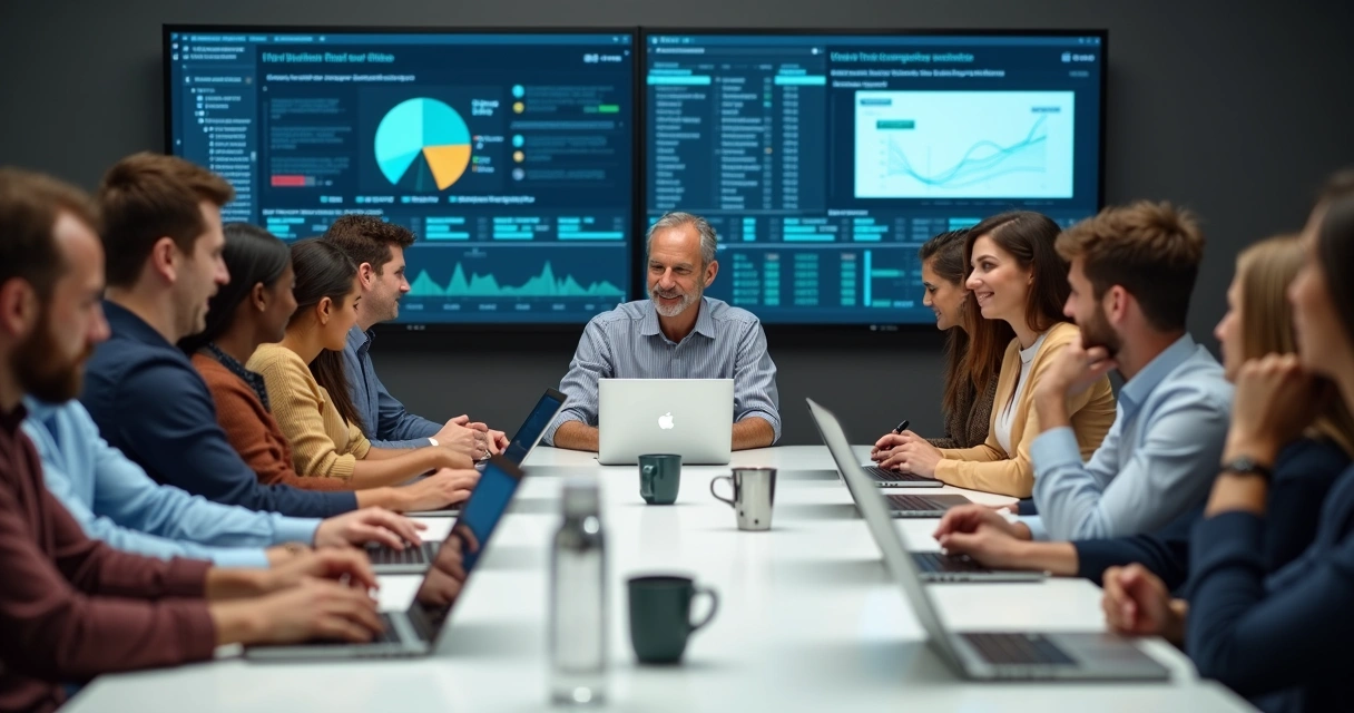 Grupo reunido em frente a telas, demonstrando interação digital e liderança 