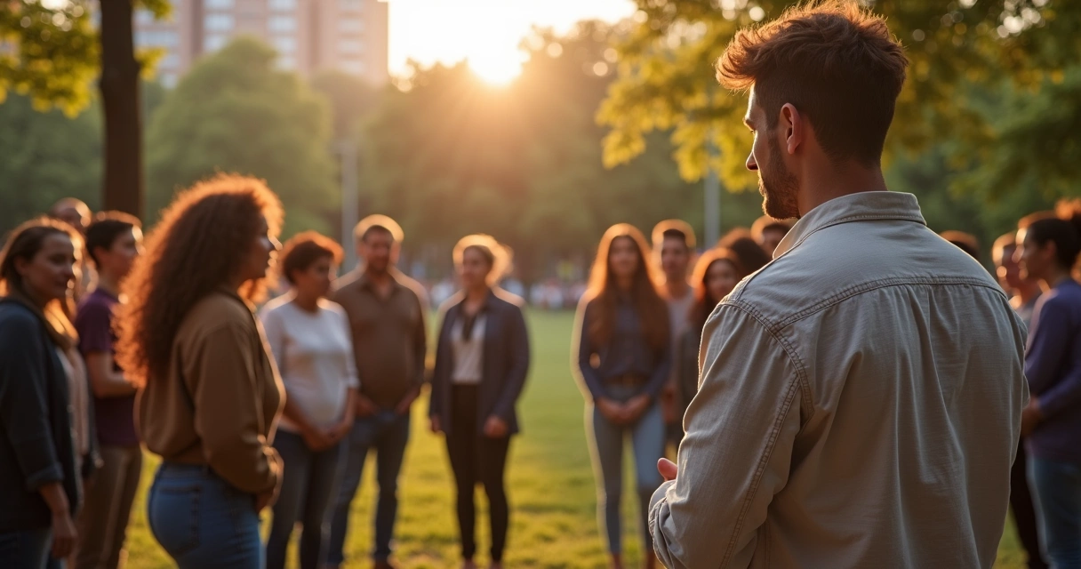 Grupo diverso reunido em círculo ao ar livre em um parque, com líder comunitário falando, rostos atentos, pôr do sol ao fundo