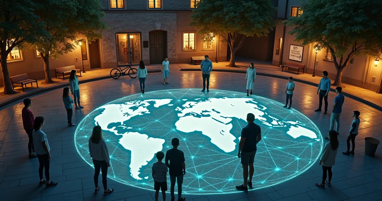 Líder comunitário em praça noturna olhando mapa-múndi luminoso no chão 