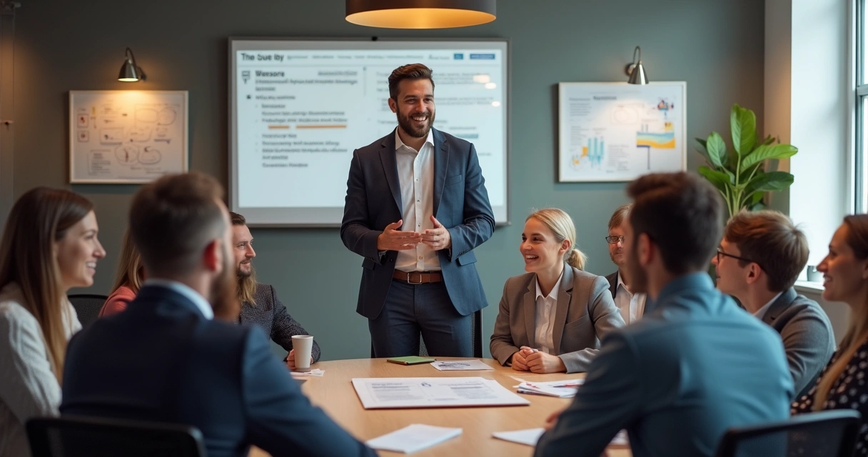 Líder em reunião com equipe reunida em círculo 