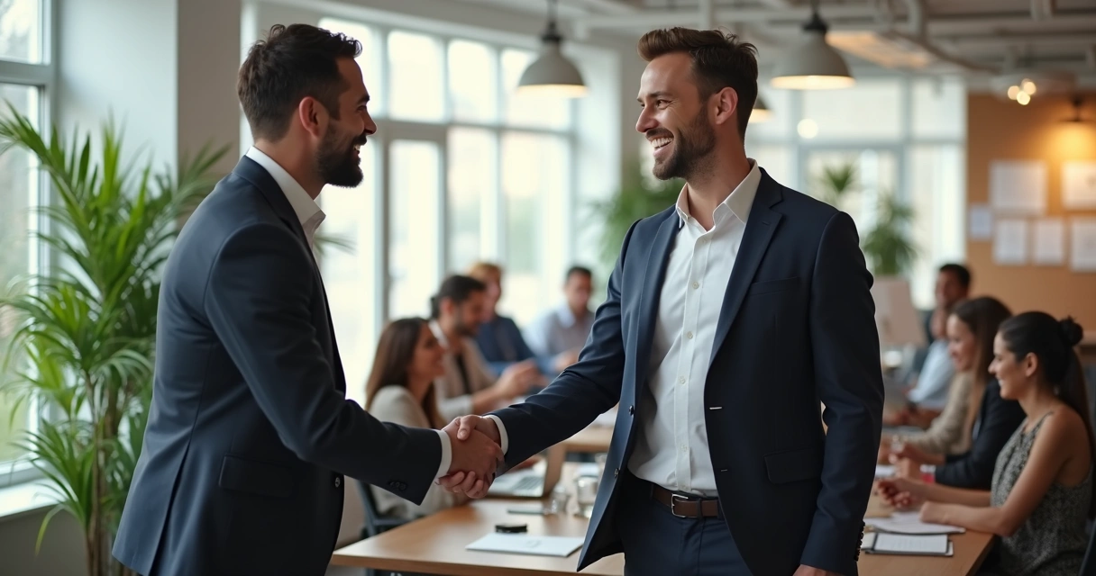Líder cumprimenta colega em escritório, destacando trabalho em equipe 