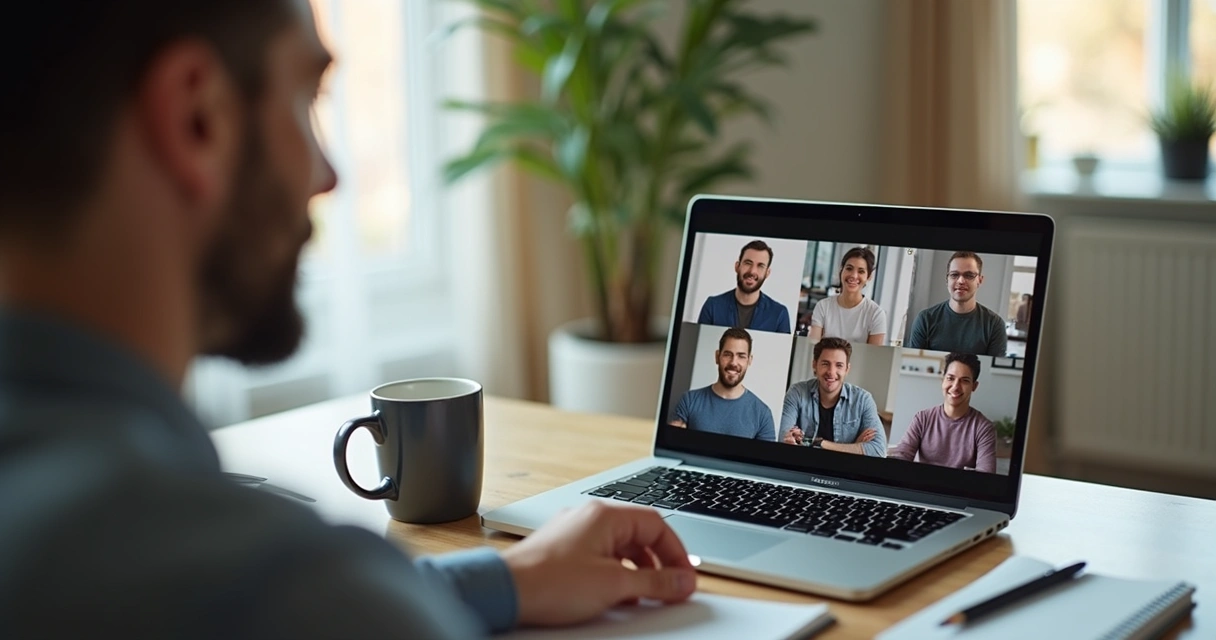 Liderança em videochamada com equipe conectada 
