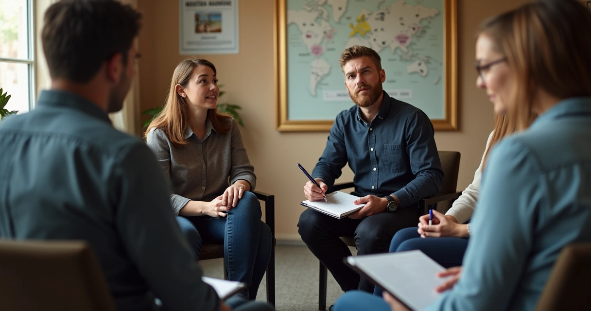 Pessoa liderando uma equipe sentada em círculo, ouvindo atentamente e anotando em bloco de papel
