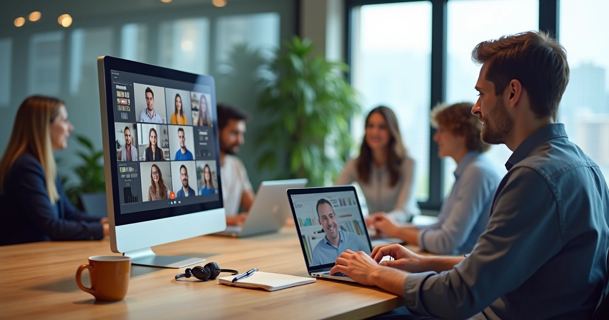 Líder em videoconferência aproximando equipe híbrida em reunião 