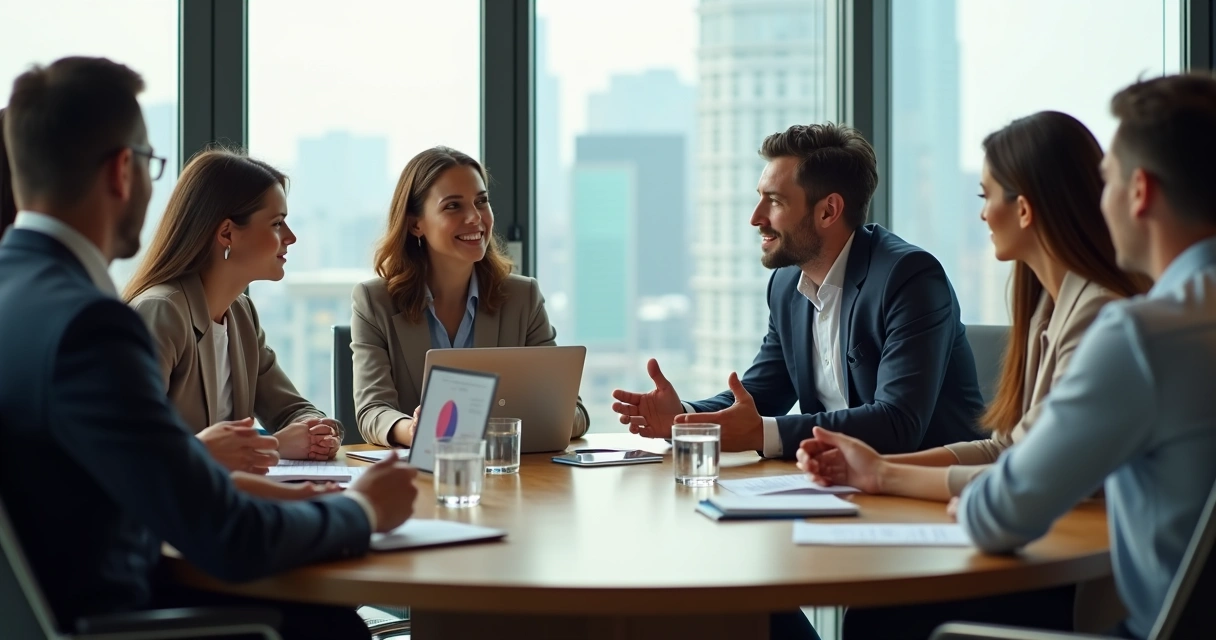 Líder em reunião com equipe em mesa redonda em escritório moderno 