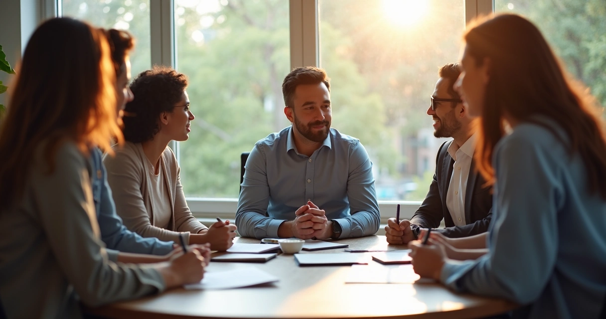 Líder reunido com equipe em círculo, trocando ideias e demonstrando escuta ativa