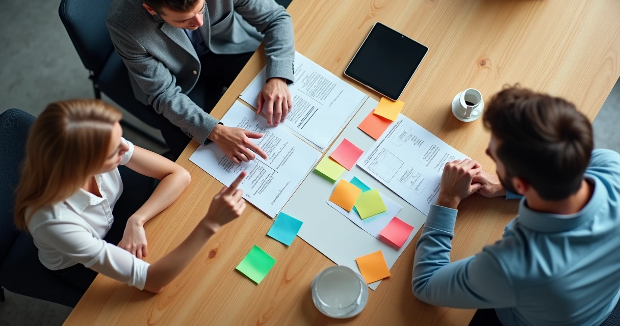 Dois colegas discutindo ideias em mesa com papéis coloridos 