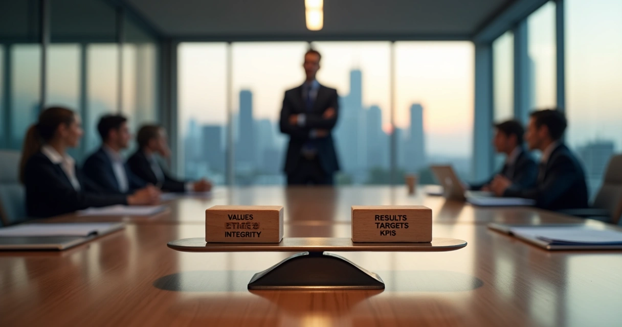 Líder observando balança com valores de um lado e resultados de outro em sala de reunião 
