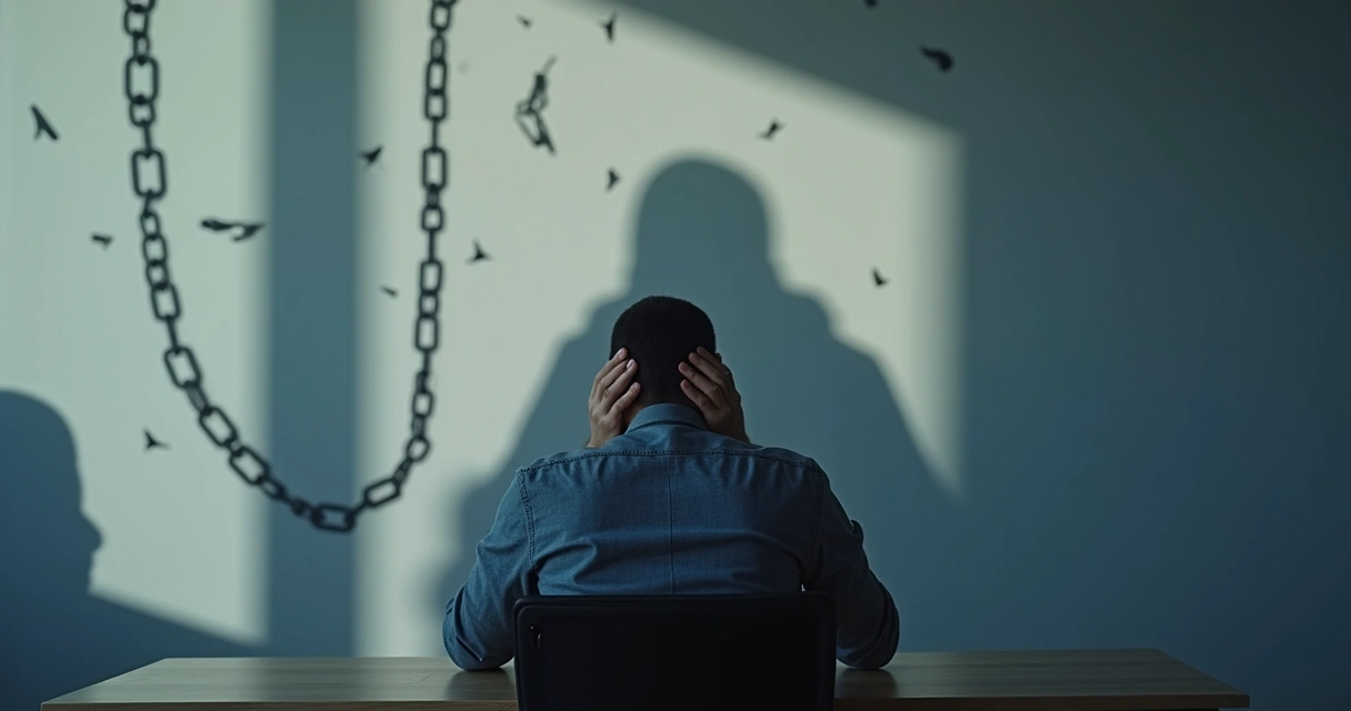 Líder sentado em sua mesa com expressão pensativa, sombra projetando correntes ao fundo 