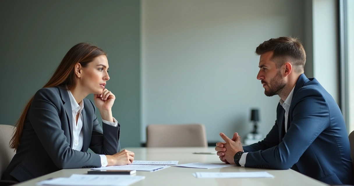 Duas pessoas em ambiente de trabalho discutindo de maneira respeitosa com papéis na mesa entre elas 