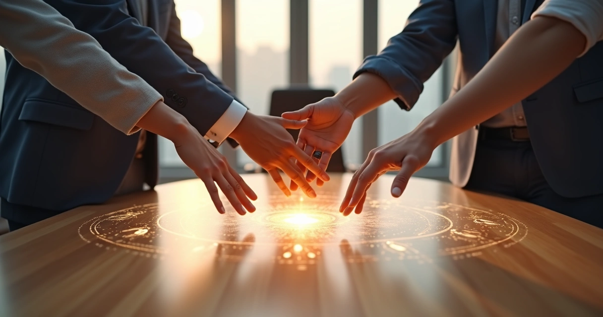 Grupo de líderes em círculo conectando mãos sobre mesa iluminada 