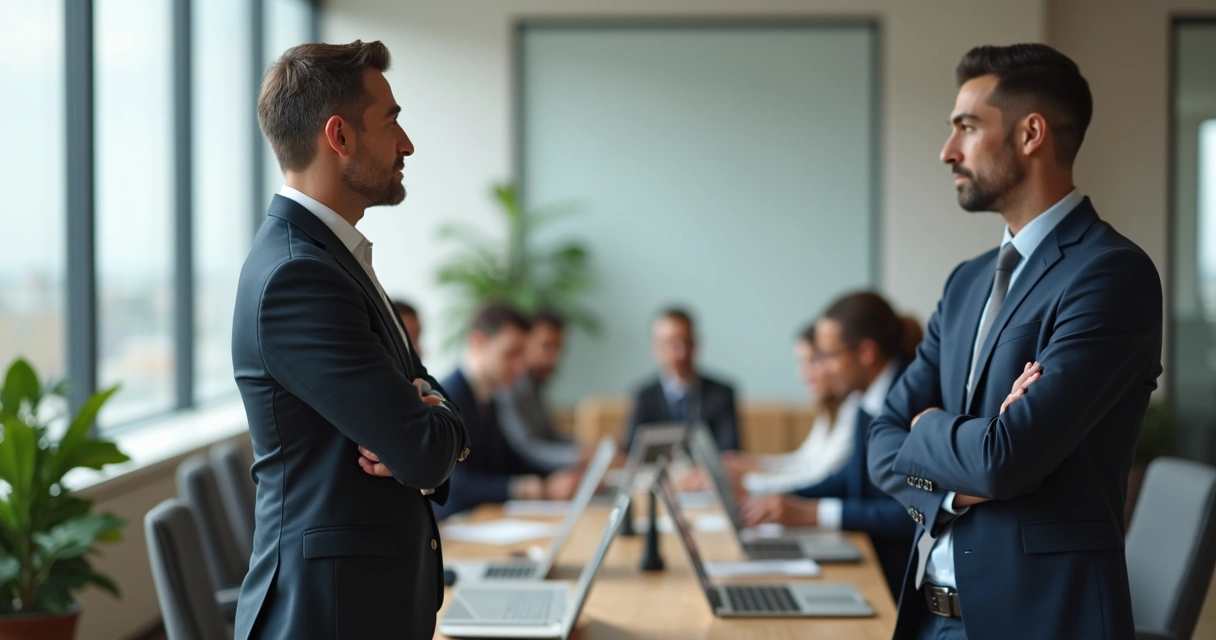 Líder de perfil em pé, com equipe ao fundo, postura confiante, ambiente moderno 