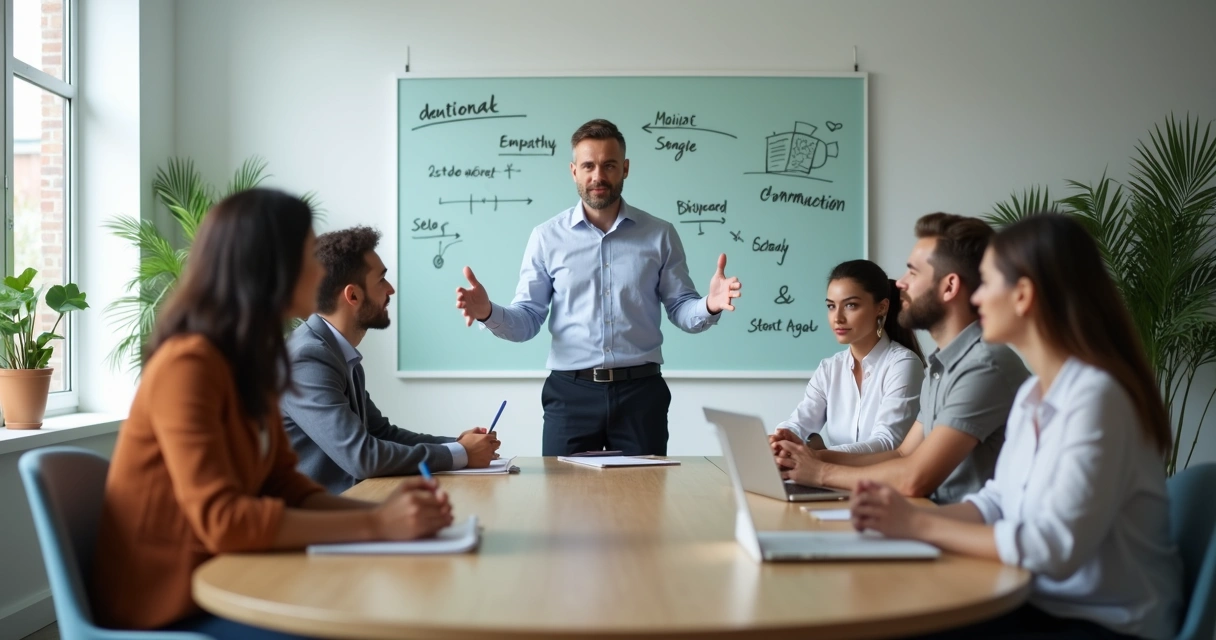 Líder em reunião guiando equipe com foco em conexão emocional 
