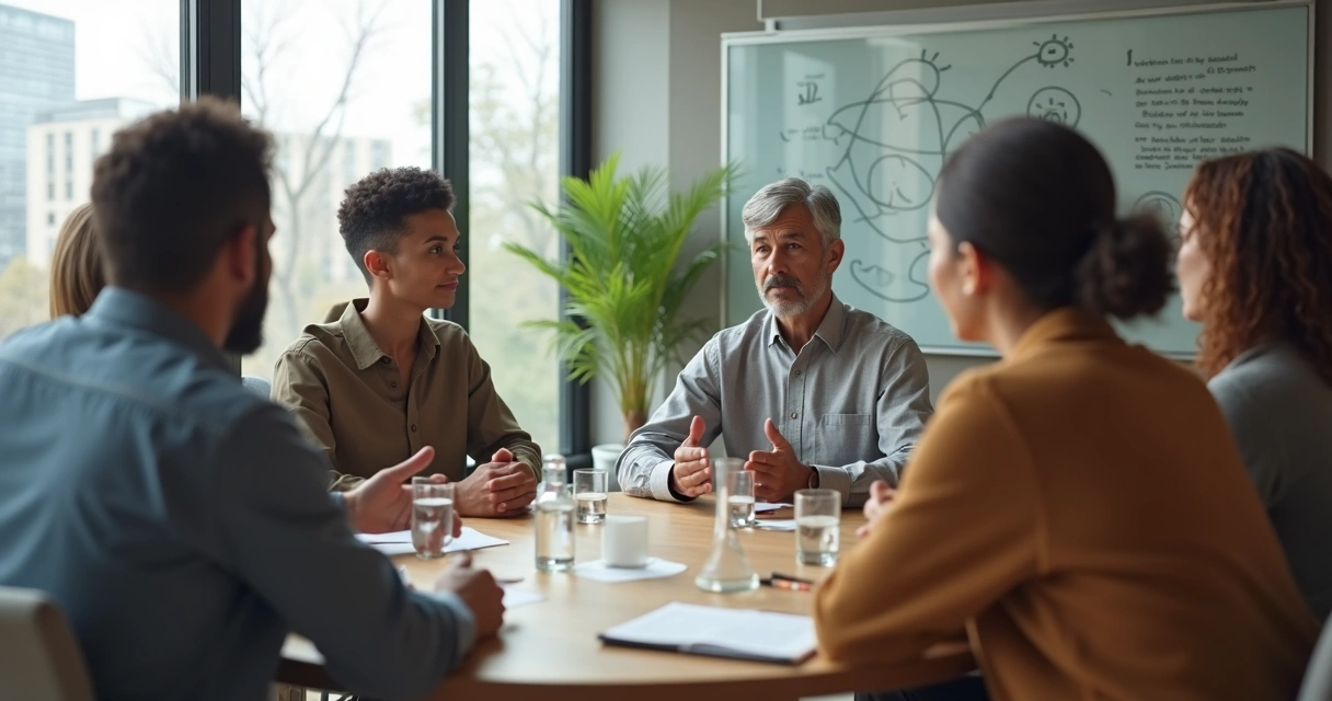 Líder conduz reunião com equipe em círculo em sala ampla iluminada 