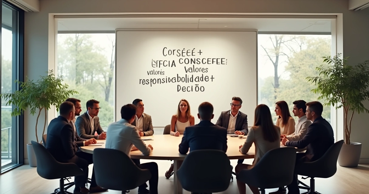 Grupo de pessoas sentadas em círculo discutindo princípios éticos, painel branco ao fundo com palavras-chave 