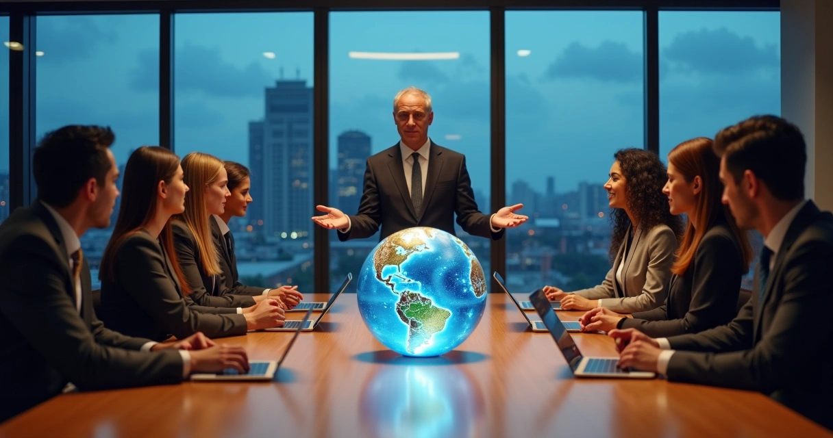 Líder em reunião olhando um globo iluminado sobre a mesa 