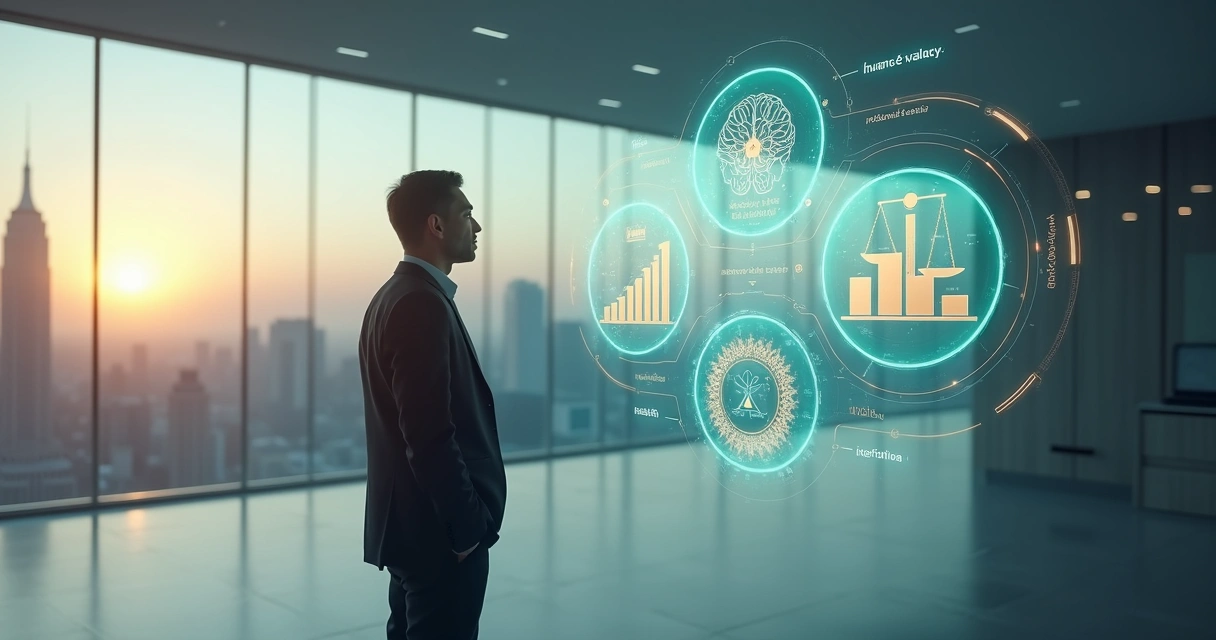 Executivo observando holograma com indicadores humanos e sociais 