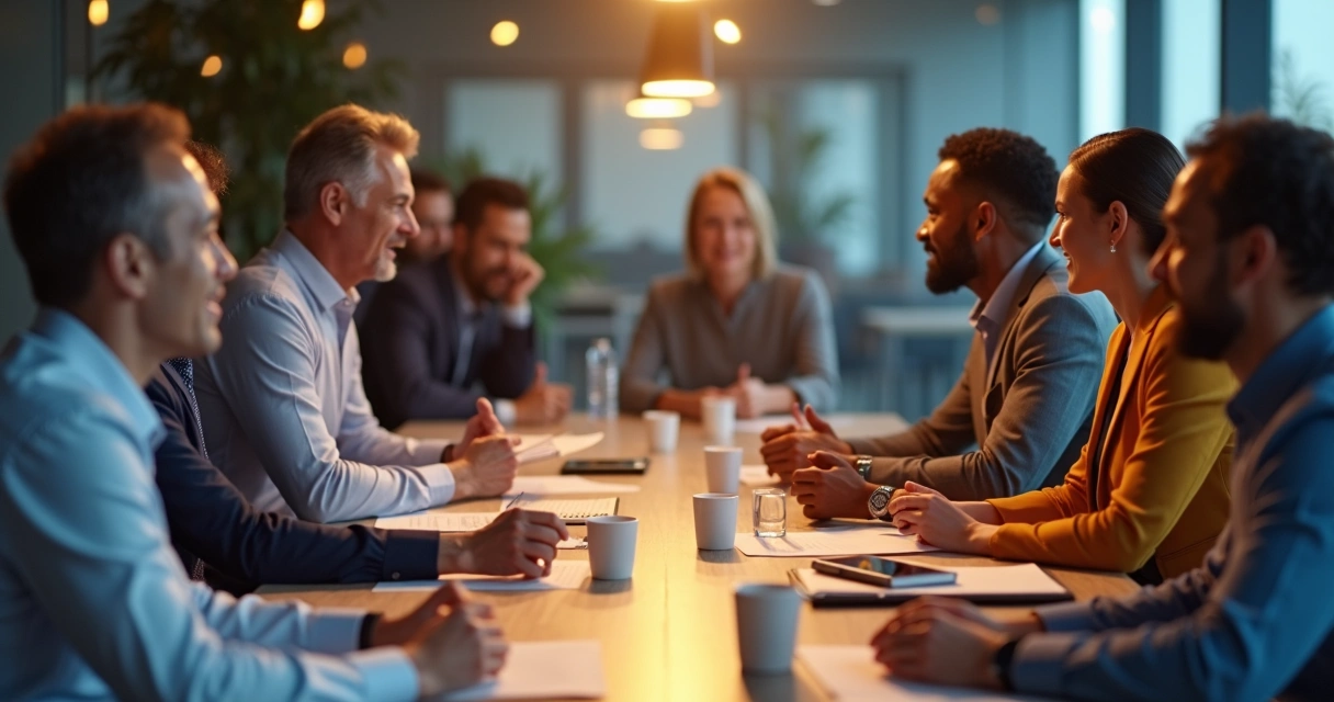 Executivos diversos em uma sala de reuniões, conectados por luz suave e olhando uns nos olhos.