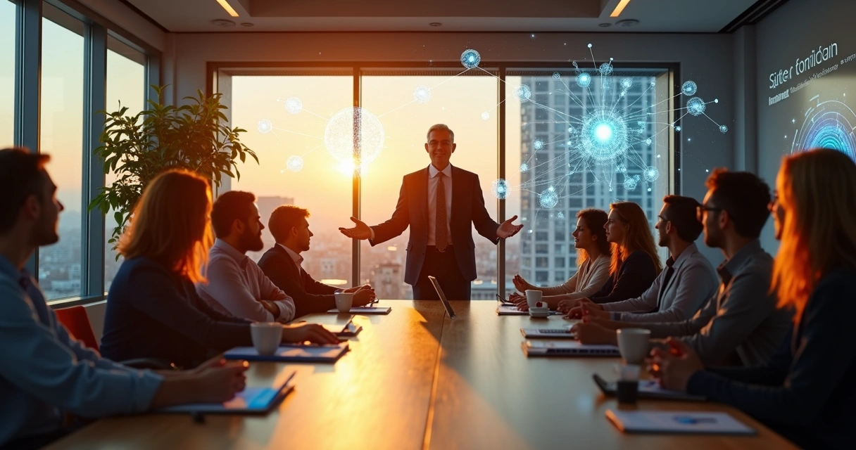 Líder empresarial guiando equipe em ambiente corporativo moderno com hologramas de conexão humana 