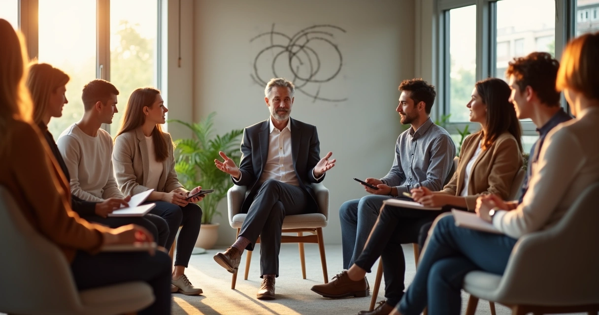 Líder em reunião em círculo com equipe em escritório moderno com luz natural 