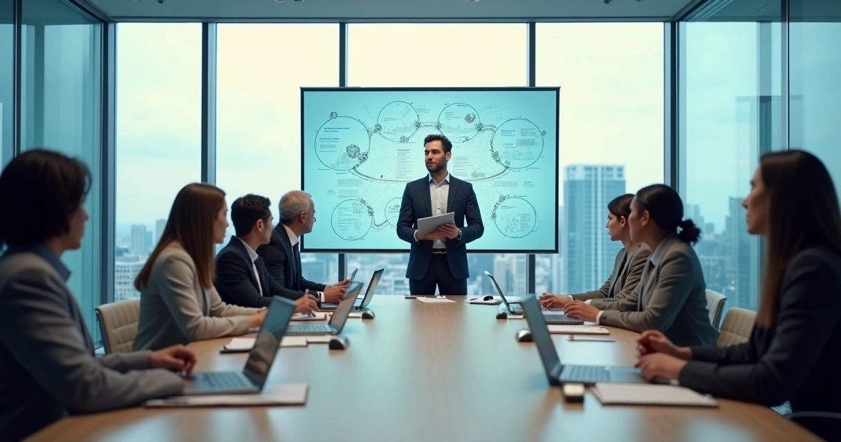 Líder em reunião estratégica observando a equipe em círculo em sala com visão panorâmica da cidade 
