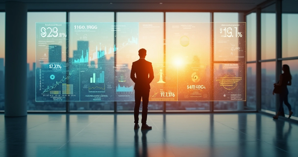 Executivo em pé diante de painel digital equilibrando métricas financeiras e humanas 