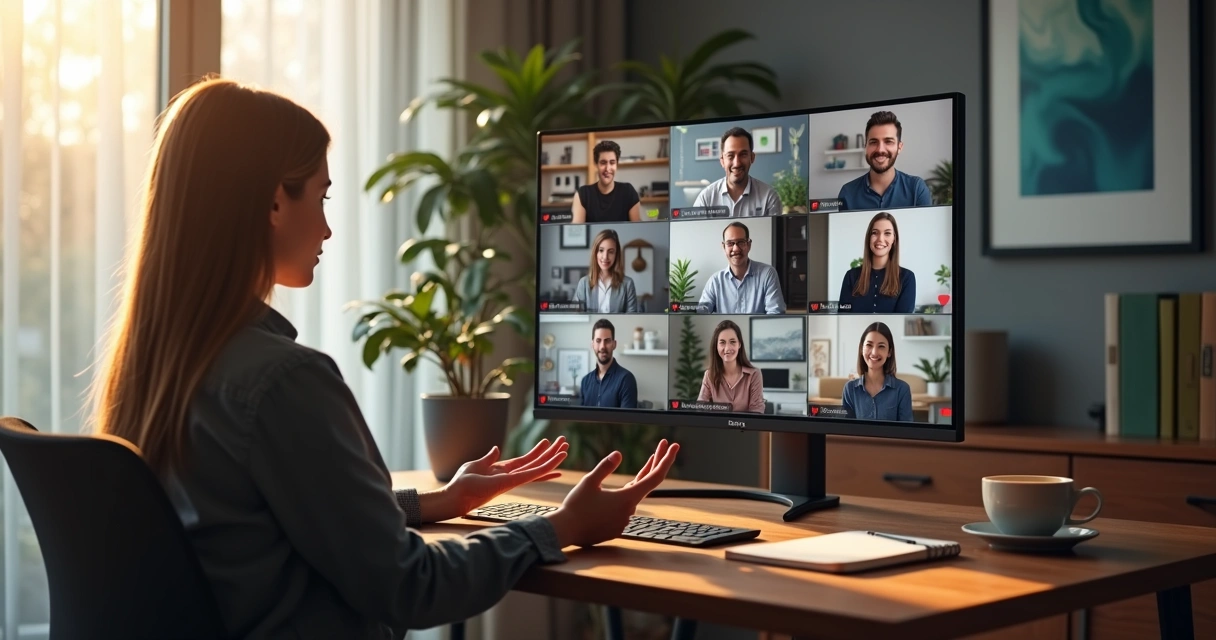 Líder em home office coordenando equipe híbrida em múltiplas telas 