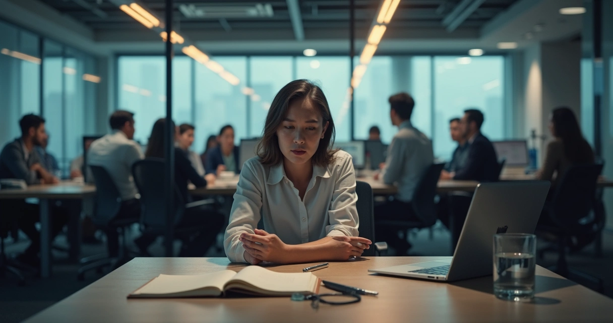 Líder sereno em reunião cercado por colegas tensos em escritório escuro 