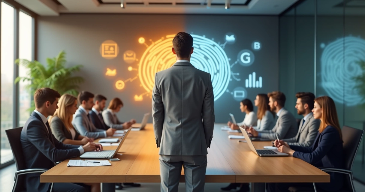 Líder em sala de reunião dividido entre luz e sombra simbolizando dilemas da liderança consciente 