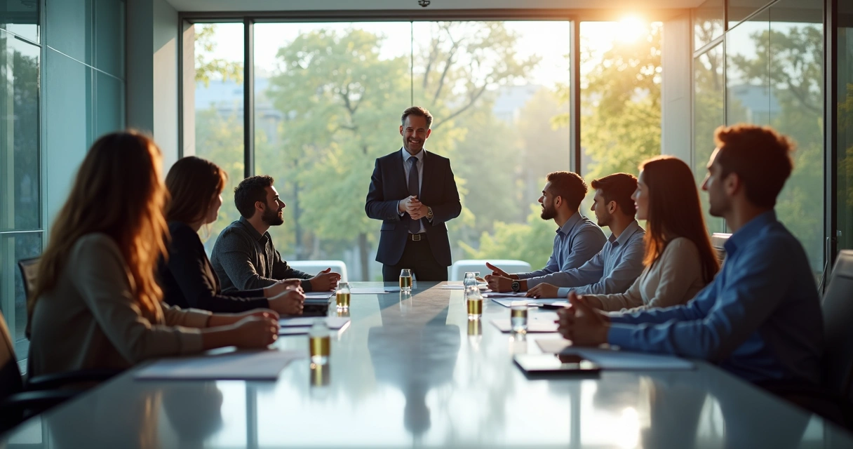 Líder e equipe colaborando juntos em mesa de reunião 