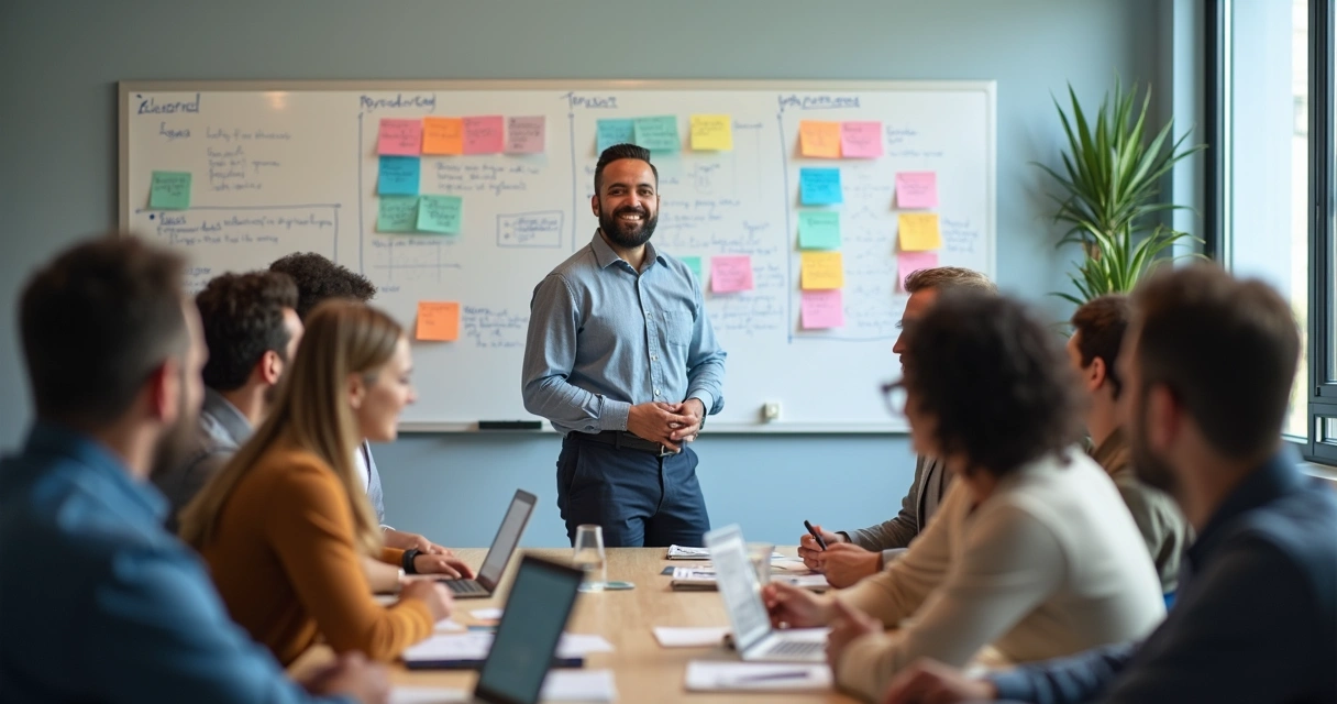 Líder orientando equipe de forma colaborativa