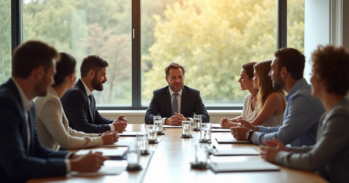Líder em reunião escutando uma equipe multicor étnica em uma mesa oval 