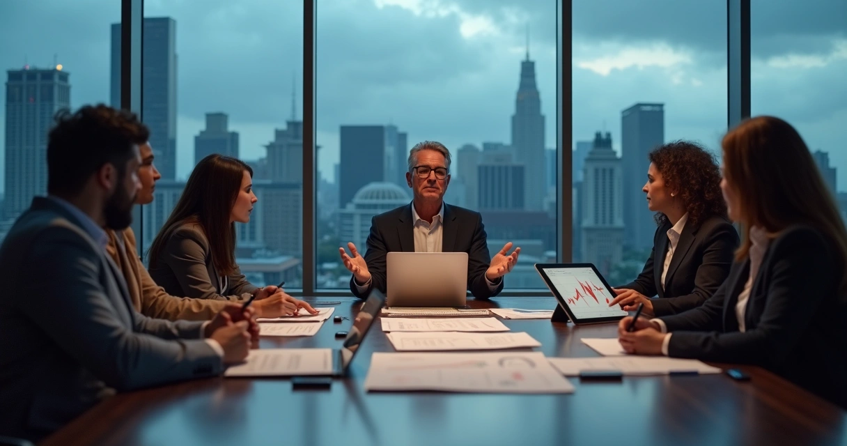 Líder em reunião guiando equipe em meio a cenário de crise 