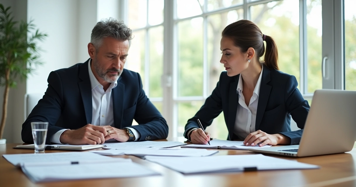 Duas pessoas conversam em uma sala iluminada, com expressão séria, olhando para documentos sobre a mesa 