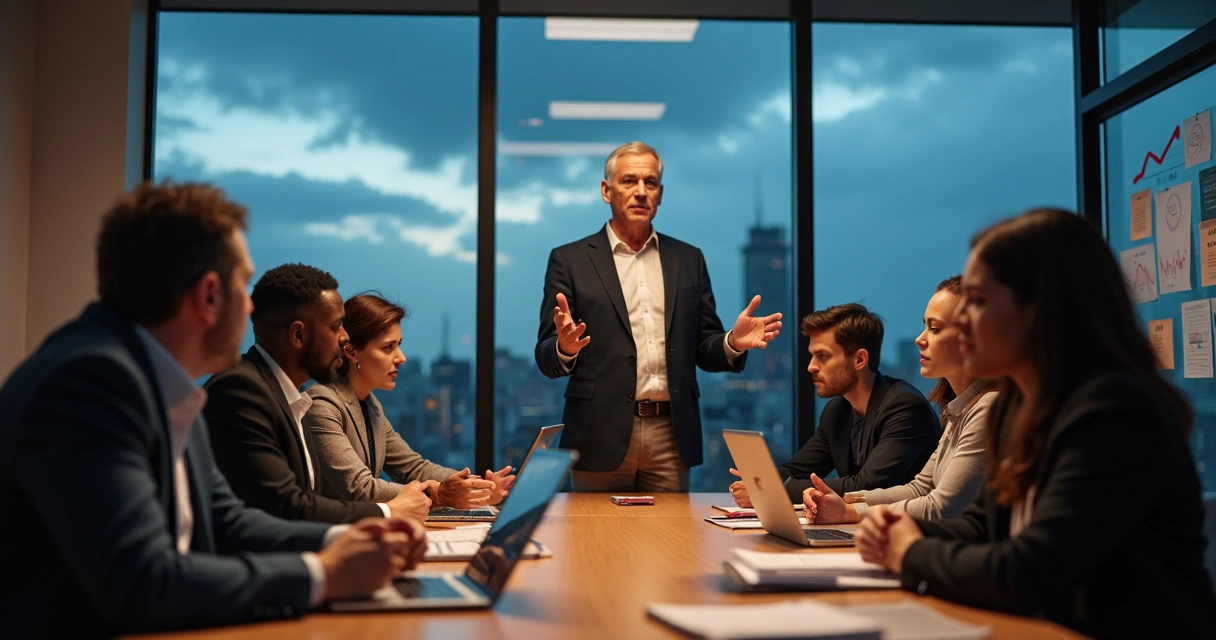 Líder em reunião guiando equipe em meio a cenário de crise 