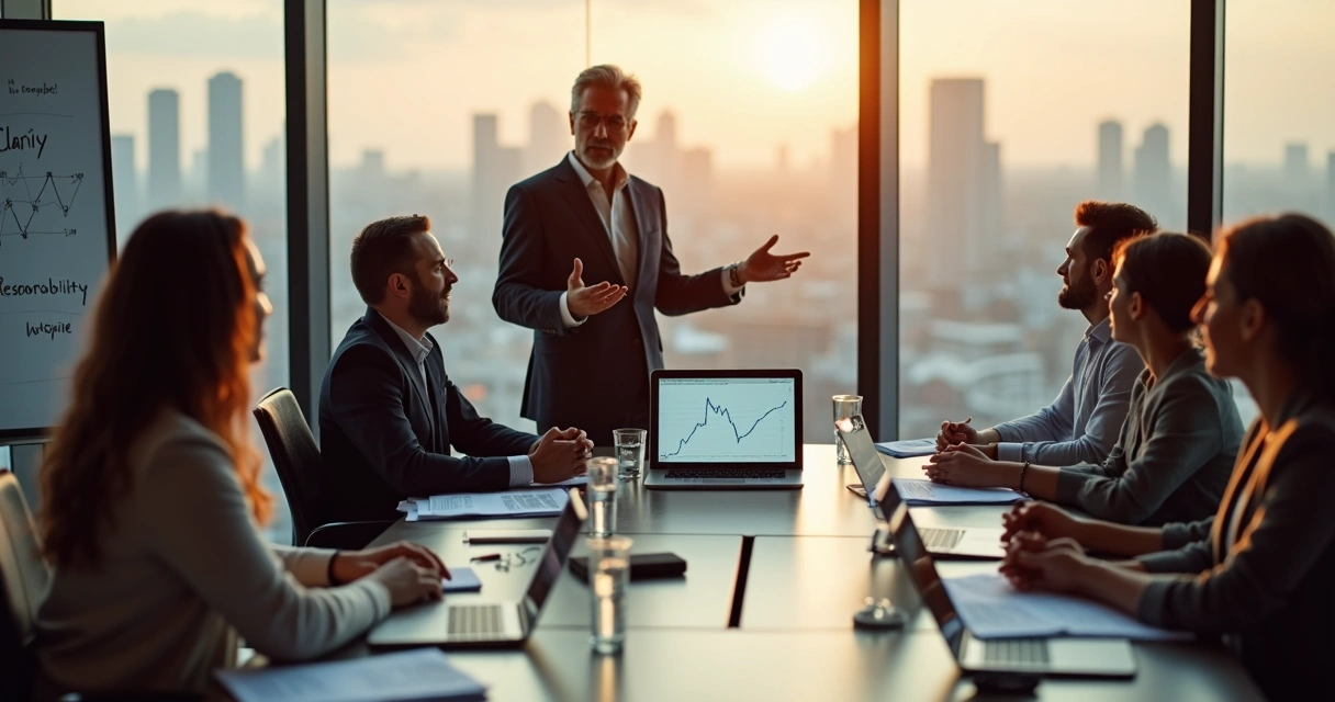 Líder em reunião guiando equipe em momento de crise 